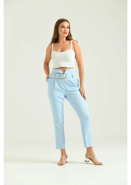 Kadın Pantolon Yüksel Bel Kemer Detay Havuç Pantolon Mavi - T016 indirimleri