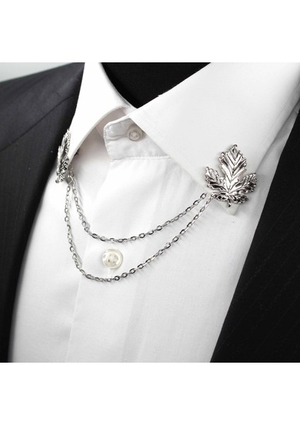 Gümüş Renk Yaprak Desenli Zincirli Gömlek & Ceket & Damatlık & Yaka Iğnesi