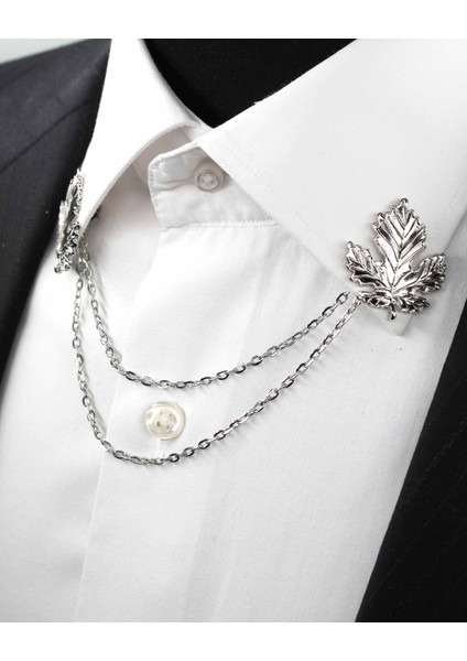 Gümüş Renk Yaprak Desenli Zincirli Gömlek & Ceket & Damatlık & Yaka Iğnesi fiyatları