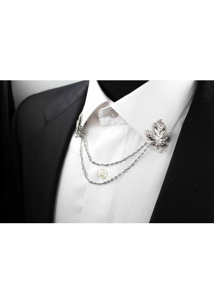 Gümüş Renk Yaprak Desenli Zincirli Gömlek & Ceket & Damatlık & Yaka Iğnesi modelleri