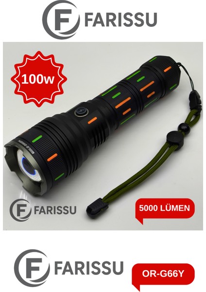 OR-G66Y 100W Profesyonel Şarjlı Fener: 5000 Lümen, 1.5 Km Zoomlu Menzil ve Powerbank Özelliği