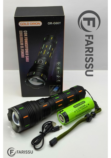 OR-G66Y 100W Profesyonel Şarjlı Fener: 5000 Lümen, 1.5 Km Zoomlu Menzil ve Powerbank Özelliği