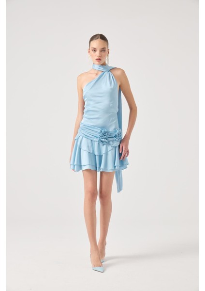 Kemerli Mini Saten Giana Elbise Mavi