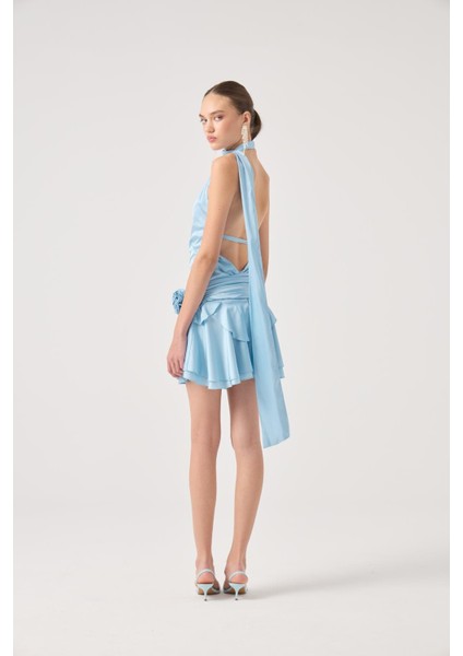 Kemerli Mini Saten Giana Elbise Mavi fiyatları