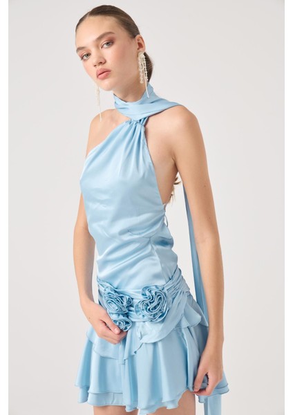 Kemerli Mini Saten Giana Elbise Mavi modelleri