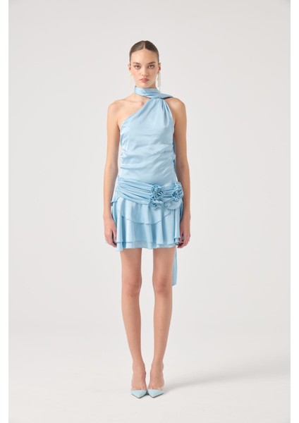 Kemerli Mini Saten Giana Elbise Mavi fırsatları