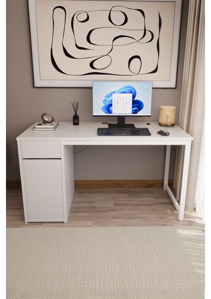 Beyaz 140X60 cm Çalışma Masası, Bilgisayar Masası, Ofis Masası Çekmeceli, Dolaplı, Raflı fırsatları