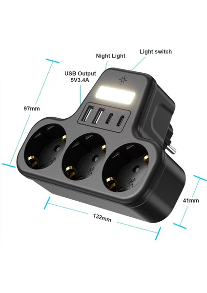 Çoklu Gece Lambalı Priz Yüksek Gerilim Korumalı 3'lü Priz 2x USB 2x Type-C Çıkışlı Grup Priz Çoğaltıcı indirimleri