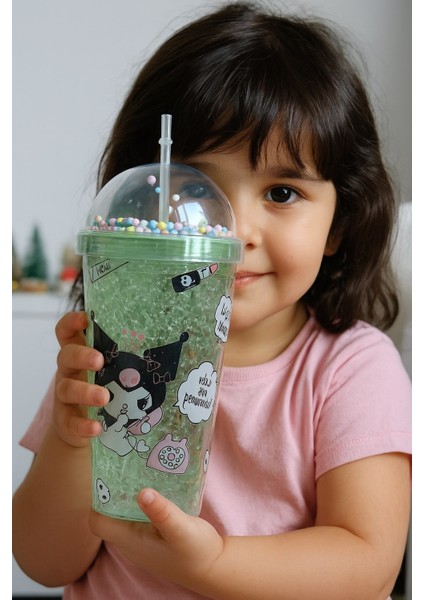 Kuromi Temalı Suluk Pipetli Buzlu Cam Görünümlü 450 ml Çift Katman Mika Su Şişesi 2647 Yeşil