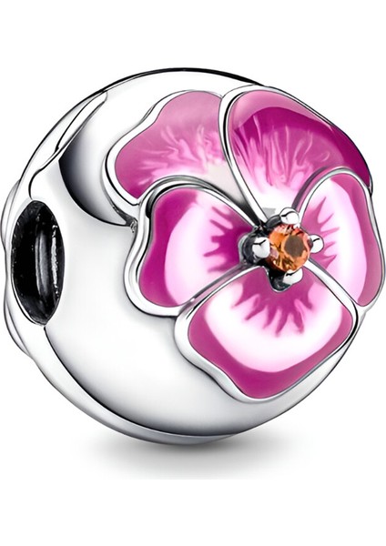 925 Ayar Gümüş Pembe Menekşe Çiçeği Klips Charm