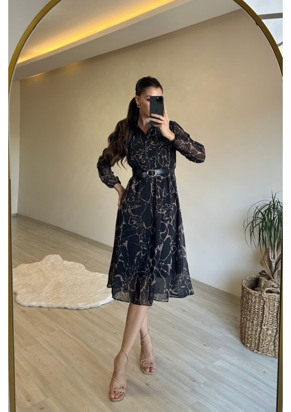 Kadın Gömlek Yaka Mermer Desen Kemerli Şifon Elbise NM023