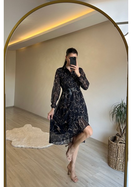Kadın Gömlek Yaka Mermer Desen Kemerli Şifon Elbise NM023 fiyatları