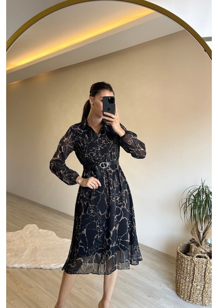Kadın Gömlek Yaka Mermer Desen Kemerli Şifon Elbise NM023 modelleri