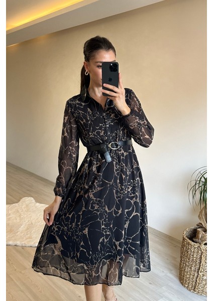 Kadın Gömlek Yaka Mermer Desen Kemerli Şifon Elbise NM023 fırsatları