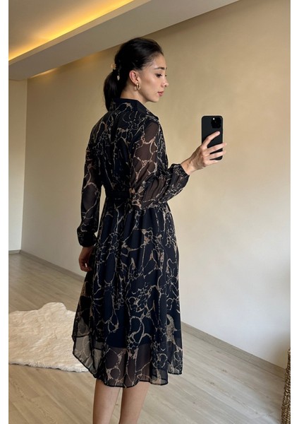 Kadın Gömlek Yaka Mermer Desen Kemerli Şifon Elbise NM023 indirimleri