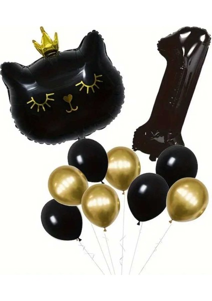 Siyah Kedi Yaş Balonlu Balon Set