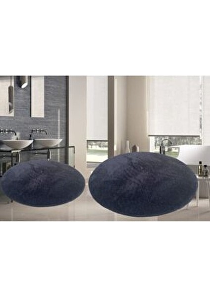 2li Yuvarlak Post Peluş Banyo Paspası Takımı Büyük Boy Kaymaz Klozet Siyah 100X100 60X60