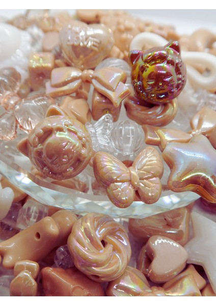 Krem Karamel Jelly Charm Boncuk Karışık 30 Adet Figür Boncuk Kahve Rengi Figürlü Boncuk