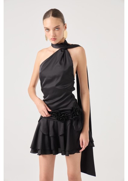 Kemerli Mini Saten Giana Elbise Siyah modelleri