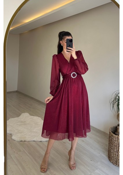 Kadın Kruvaze Yaka Tokalı Midi Boy Işıltılı Elbise NM009