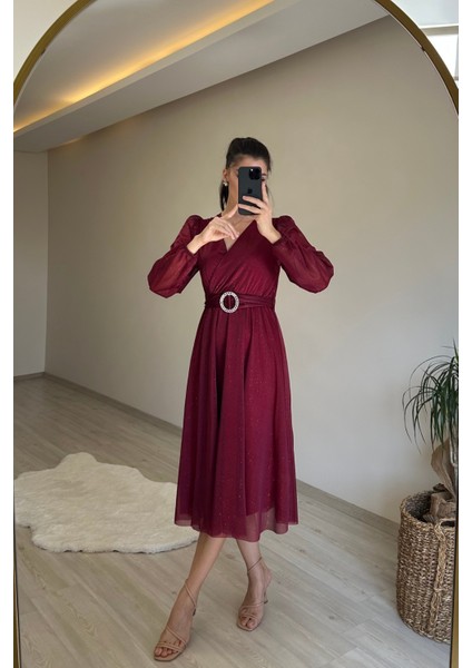 Kadın Kruvaze Yaka Tokalı Midi Boy Işıltılı Elbise NM009 modelleri