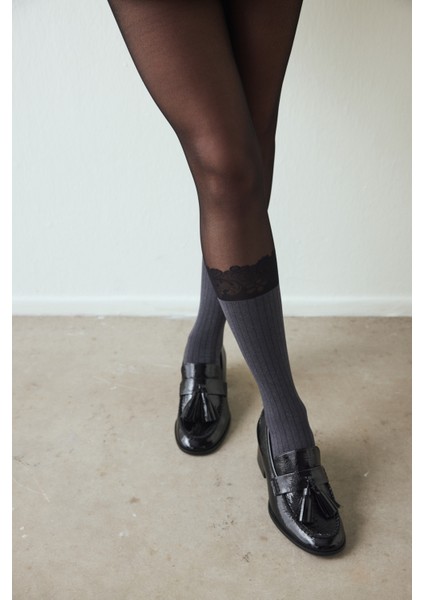 Siyah Ribbed Lace Külotlu Çorap fırsatları