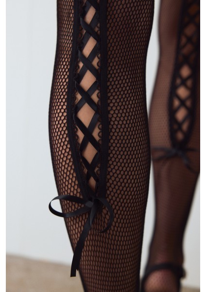 Siyah Crossline Çapraz Desenli File Külotlu Çorap modelleri