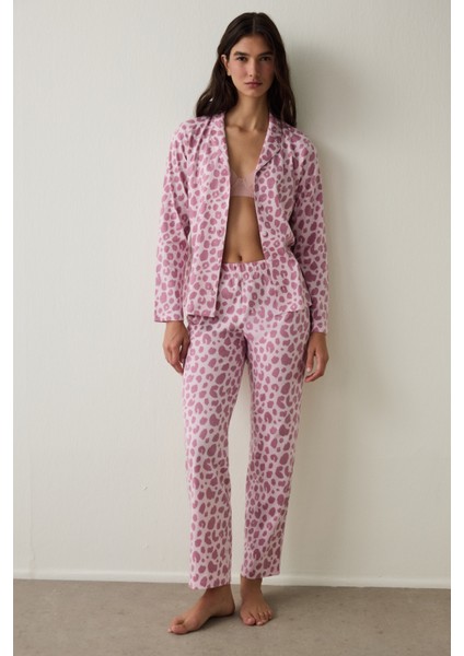 Pembe Leopar Desenli Uzun Kollu Düğmeli Gömlek Yaka Pamuklu Pijama Takımı