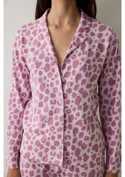 Pembe Leopar Desenli Uzun Kollu Düğmeli Gömlek Yaka Pamuklu Pijama Takımı modelleri