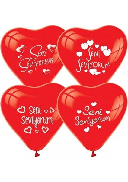 Seni Seviyorum Yazılı Kırmızı Renk Kalp Balon-Romantik Ortam Balonu 10 Lu