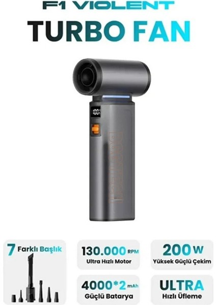 Ultra Güçlü F1 Turbo Jet Fan 130.000 Rpm, 4000MAH Batarya, Vakum & Üfleme