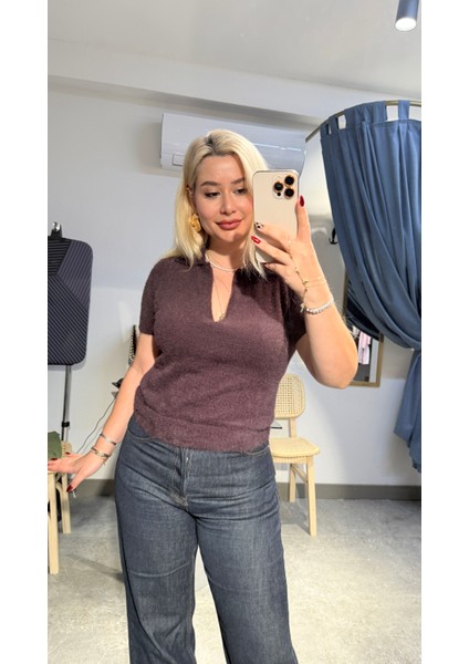 Tüylü Yaka Fermaur Detaylı Bluz modelleri