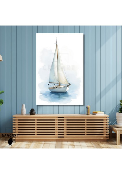 Tekli Dikey Kanvas Tablo Mavi Deniz ve Yelkenli Illüstrasyonu