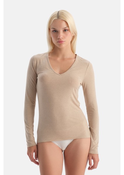 Sütlü Kahve 5119KC Modal Kaşmir V Yaka Uzun Kollu Üst
