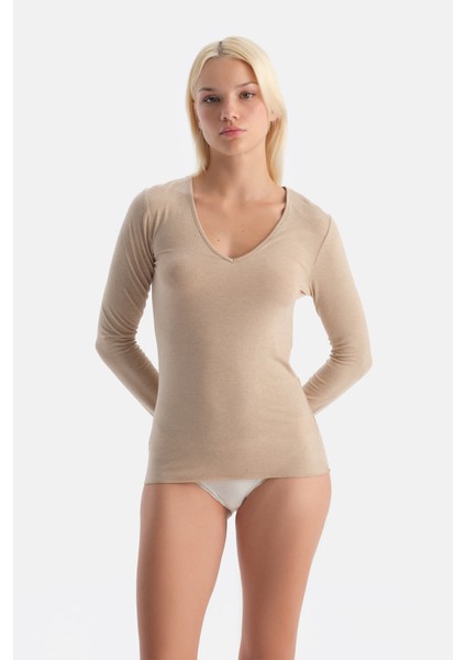 Sütlü Kahve 5119KC Modal Kaşmir V Yaka Uzun Kollu Üst fırsatları