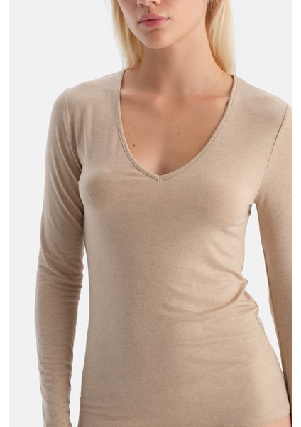 Sütlü Kahve 5119KC Modal Kaşmir V Yaka Uzun Kollu Üst indirimleri