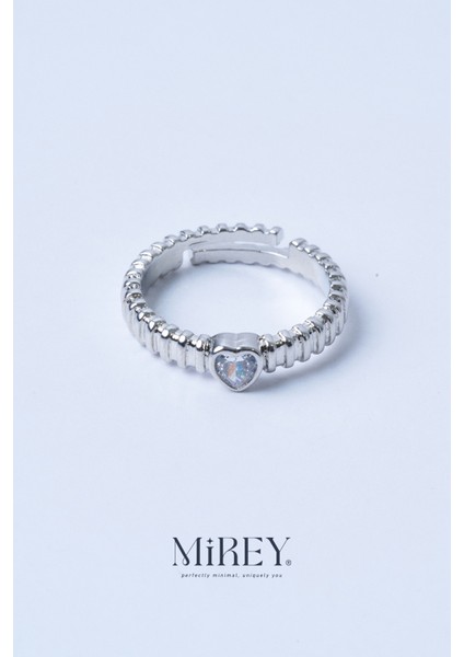 Taş Kalpli Silver Ayarlanabilir Çelik Yüzük