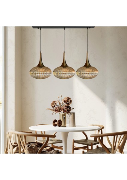 Elegant Cam Bal Rengi Avize Üçlü Eskitme Külah Başlık Sarkıt Lamba Restoran Salon Aydınlatma
