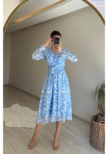 Kadın Kruvaze Yaka Desenli Midi Boy Şifon Elbise NM016