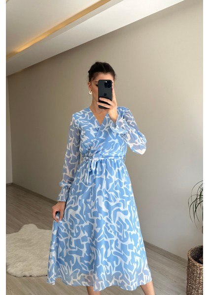 Kadın Kruvaze Yaka Desenli Midi Boy Şifon Elbise NM016 fiyatları