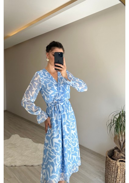 Kadın Kruvaze Yaka Desenli Midi Boy Şifon Elbise NM016 modelleri
