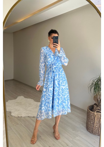 Kadın Kruvaze Yaka Desenli Midi Boy Şifon Elbise NM016 fırsatları