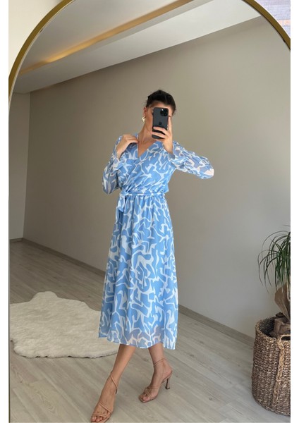 Kadın Kruvaze Yaka Desenli Midi Boy Şifon Elbise NM016 indirimleri