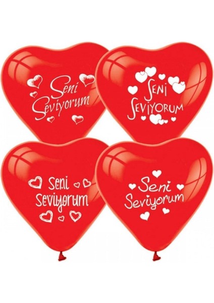 Seni Seviyorum Yazılı Kırmızı Renk Kalp Balon-Romantik Ortam Balonu 10 Lu