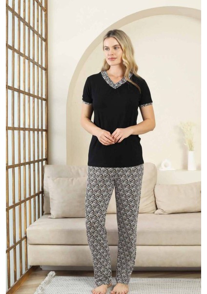 Etnik Desenli Kadın Pijama Takımı - Siyah V Yaka Kısa Kollu Bambu Likralı 2866KY