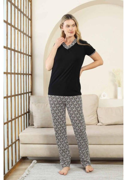 Etnik Desenli Kadın Pijama Takımı - Siyah V Yaka Kısa Kollu Bambu Likralı 2866KY fiyatları