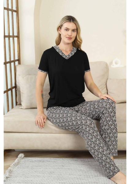 Etnik Desenli Kadın Pijama Takımı - Siyah V Yaka Kısa Kollu Bambu Likralı 2866KY modelleri