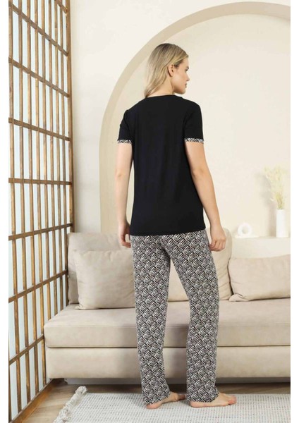 Etnik Desenli Kadın Pijama Takımı - Siyah V Yaka Kısa Kollu Bambu Likralı 2866KY fırsatları