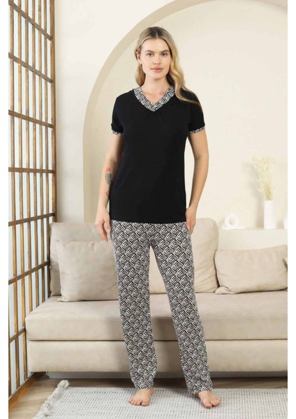Etnik Desenli Kadın Pijama Takımı - Siyah V Yaka Kısa Kollu Bambu Likralı 2866KY indirimleri