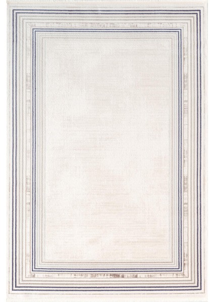 Indigo ID005M Krem Mavi Klasik Çerçeveli Desen Akrilik Iplik Tozuaz Pamuk Taban Salon Mutfak Halısı